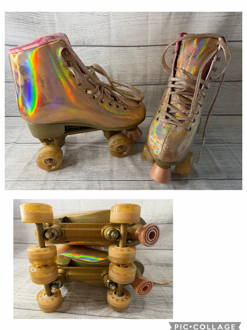 Holographic Rose Gold Roller Skates - Shiny Pink Accent